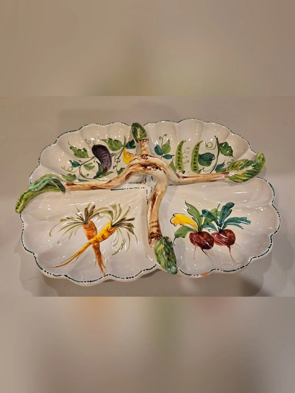 Hand-Painted Italian Porcelain Divided Serving Platter - Garden Veggie Motif